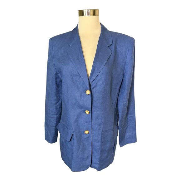 VTG Talbots Three Button Longline Blazer Structured Shoulder Irish Linen Blue 10 - Picture 1 of 5